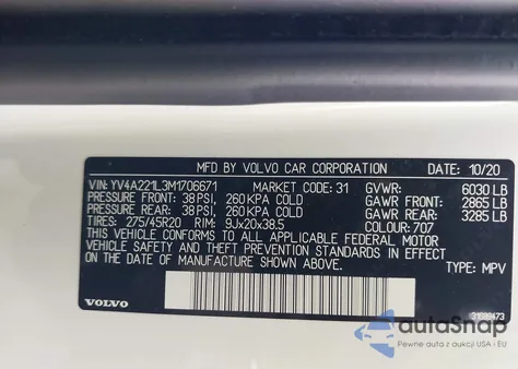 2021 Volvo Xc90 T6 Inscription 6 Passenger z USA, uszkodzony, nr VIN YV4A221L3M1706671